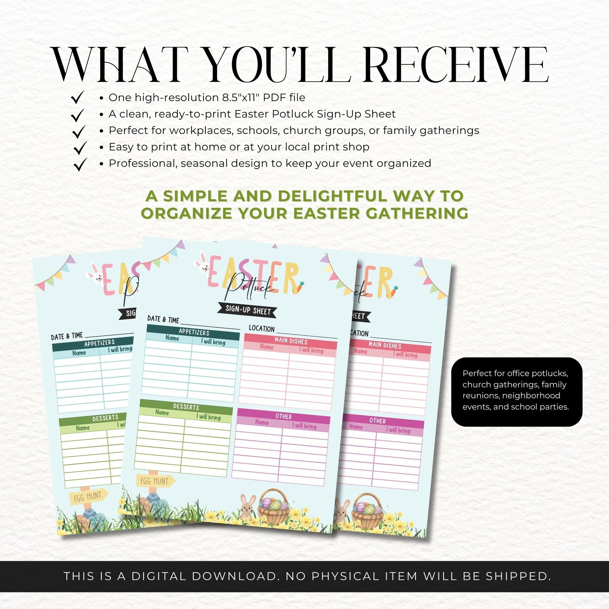 Easter potluck sign-up sheet with colorful design on a white background