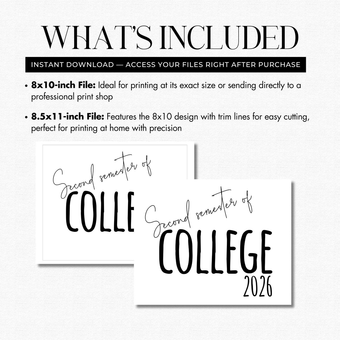 Informational text about file sizes for printing 'Second Semester of College 2026' design on a white background.