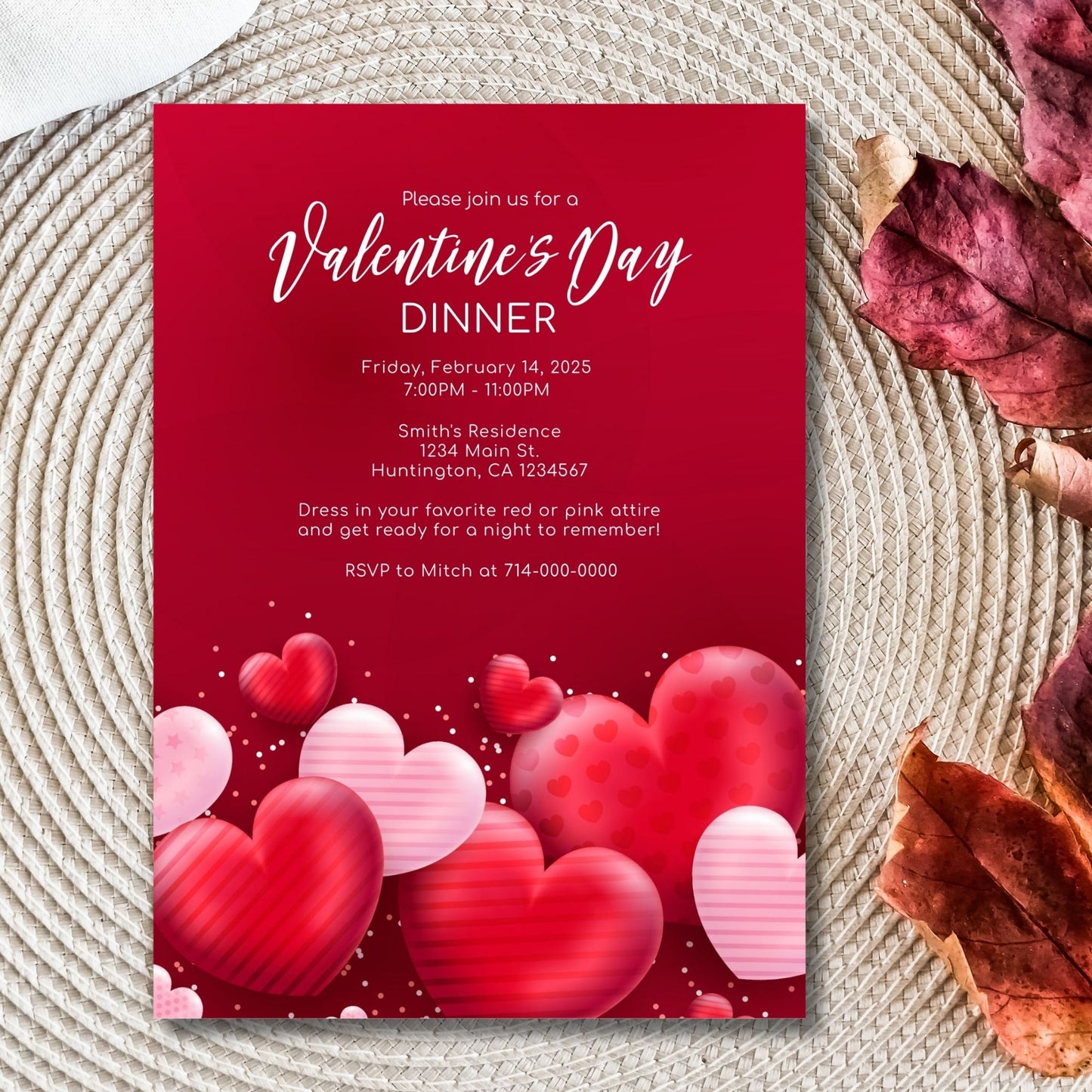 Valentine's Day Dinner Invitation Template, Editable Red Heart Design, Corjl 5x7 Instant Download, Personalized Event Card