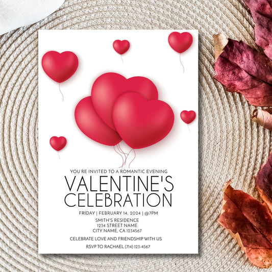 Editable Valentine's Day Invitation Template 5x7, Romantic Heart Balloon Design, Instant Download, Corjl Personalized Invitation