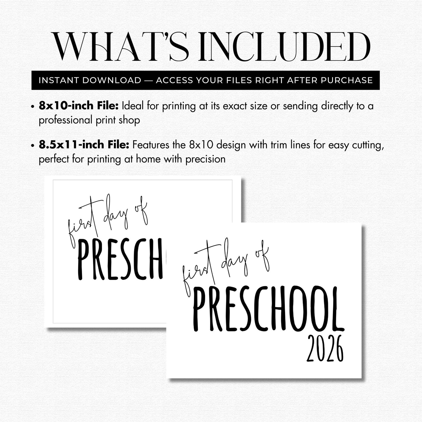 Two 'first day of preschool' printables with file size information on a white background.