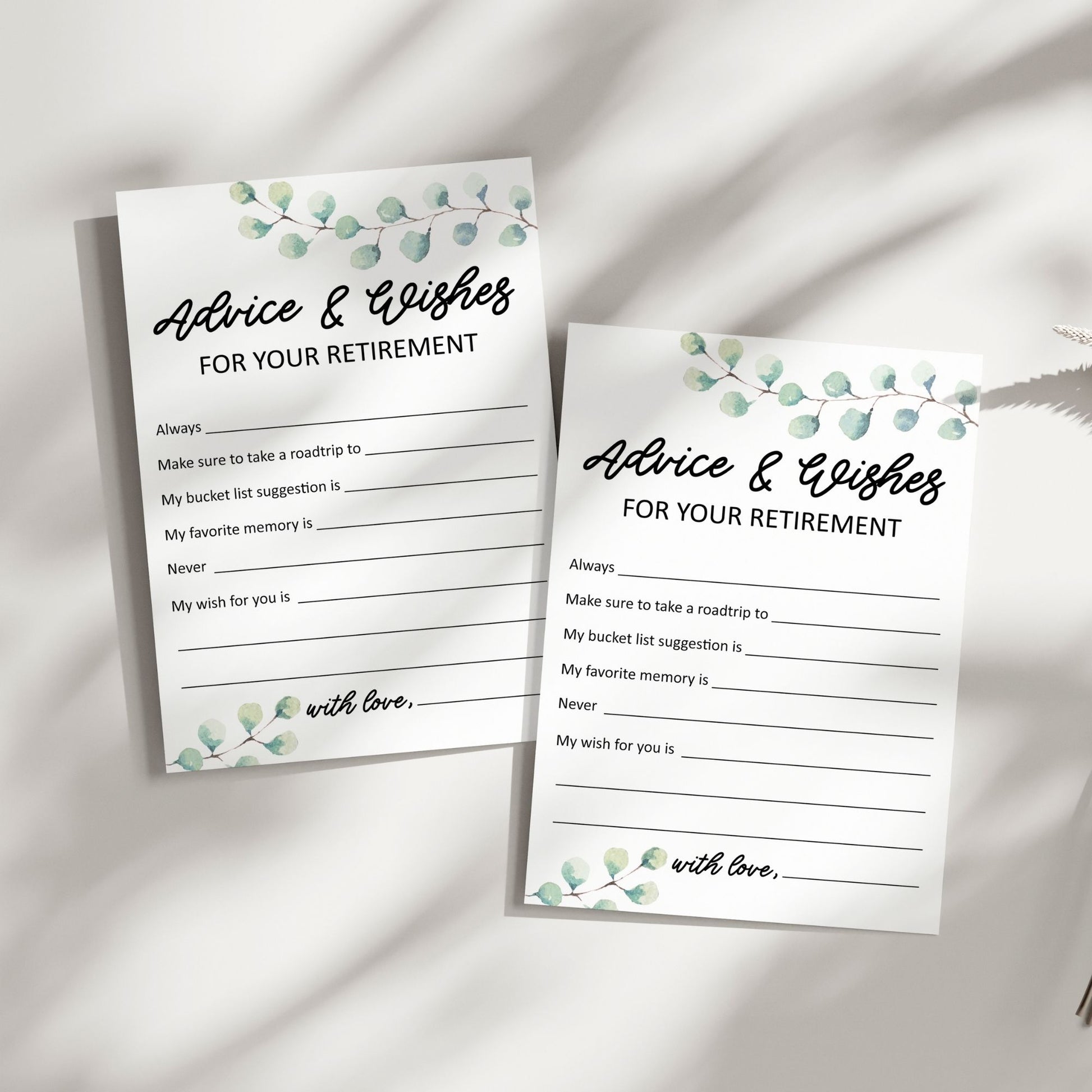 Retirement Advice and Wishes, Elegant Greenery Design, Printable Keepsake for Retirement Party, Instant Download