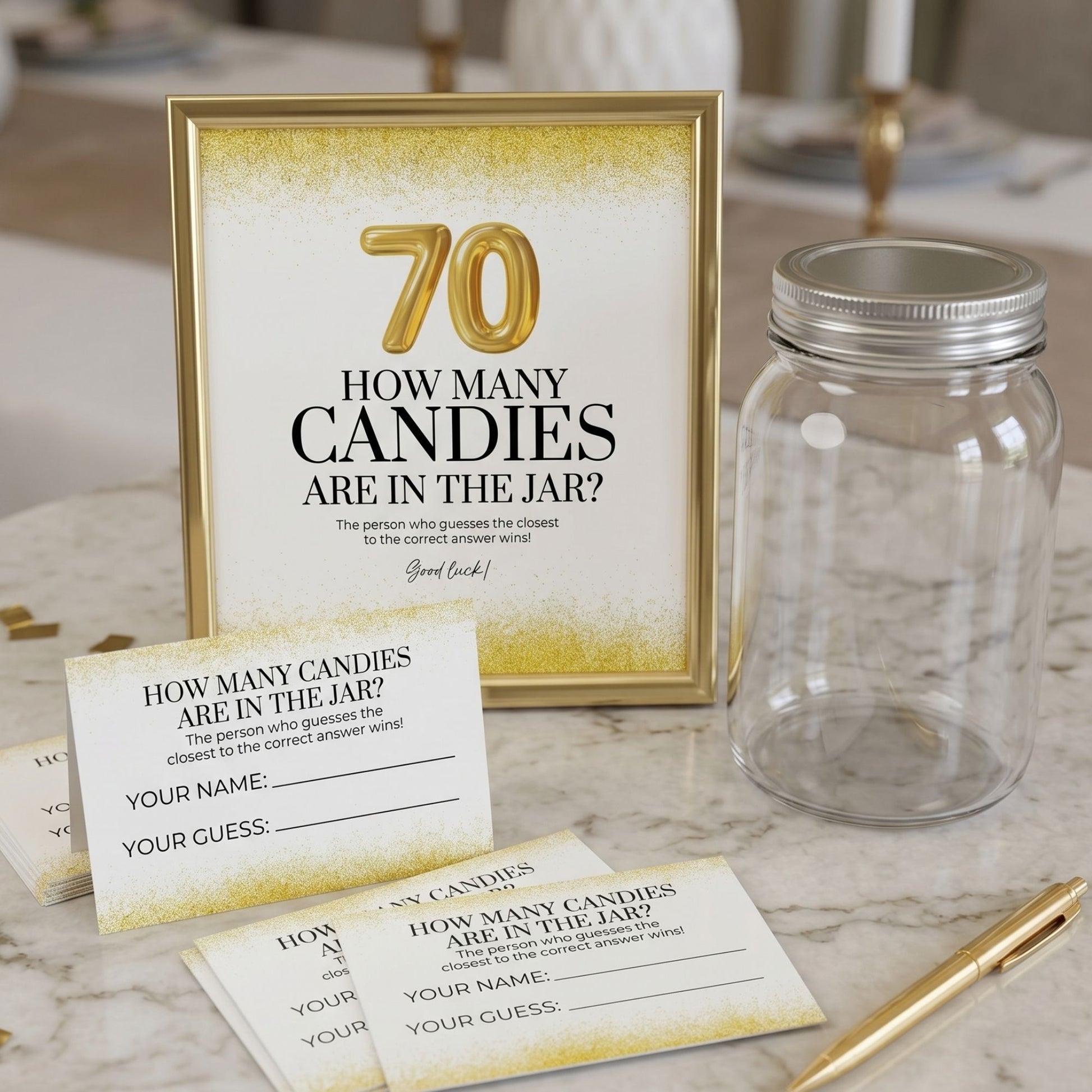 Decorative table setting with a jar, cards, and a framed question on a marble surface.