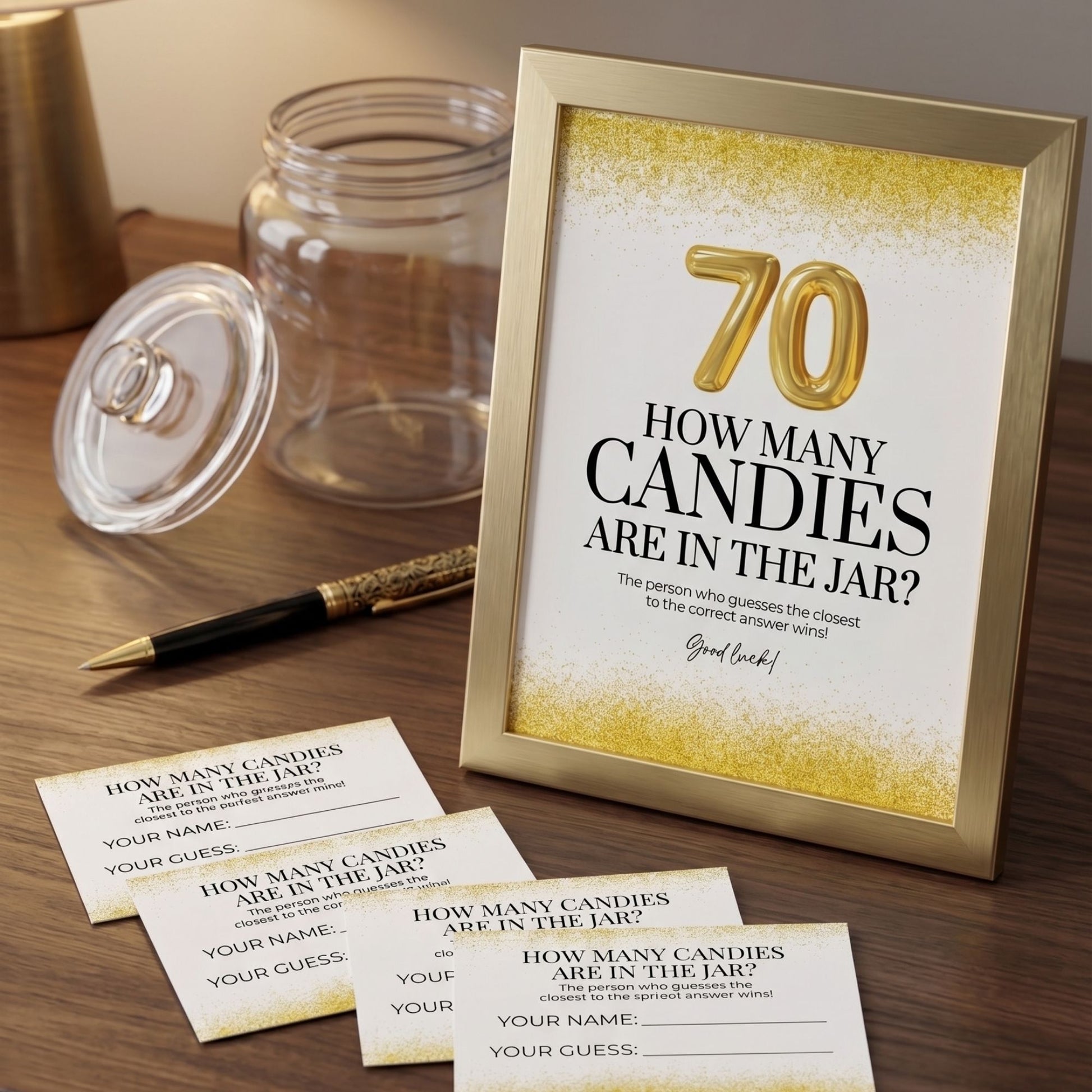 Framed question 'How many candies are in the jar?' with answer cards on a wooden surface.