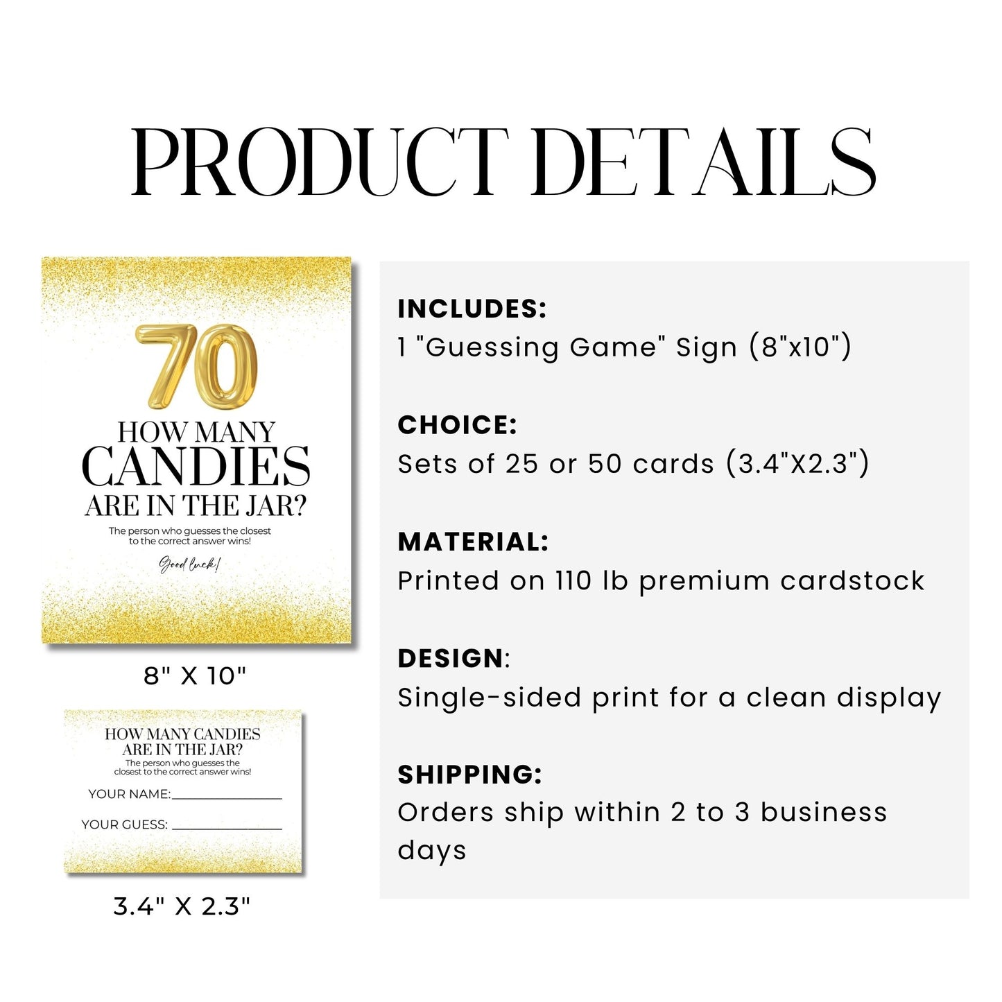 Product details of a guessing game sign and cards for a 70th birthday celebration.