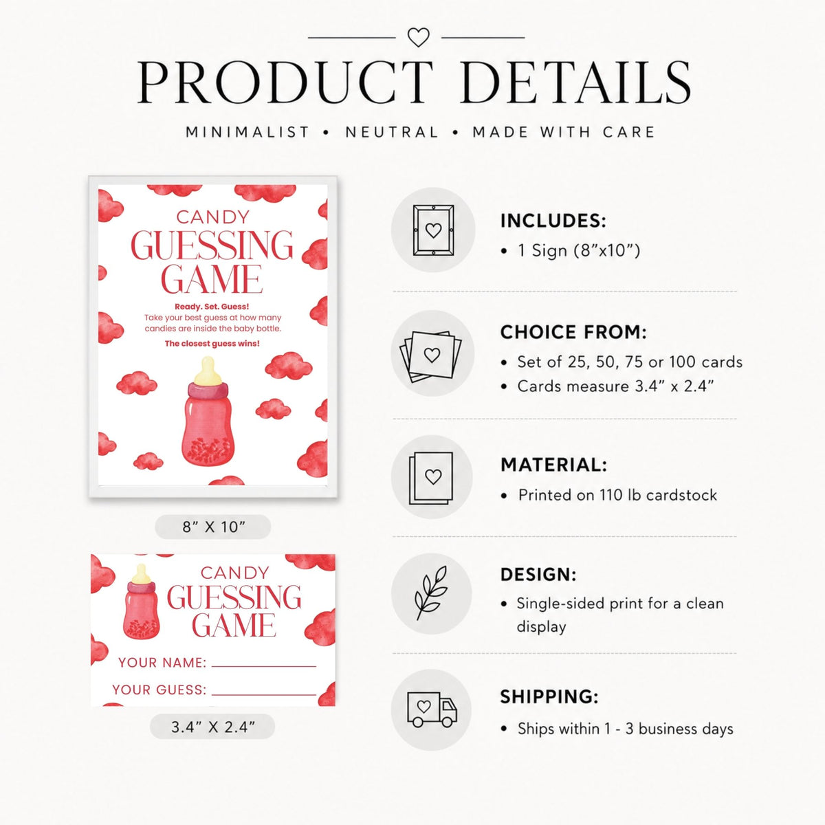 Product details graphic for a 'Candy Guessing Game' sign set, showing the sign design, included items, dimensions, material, design, and shipping information on a light background.