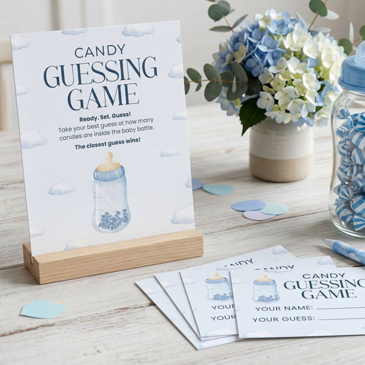 Baby Shower Candy Guessing Game Sign & Cards | Blue Cloud Baby Boy Shower Party Game