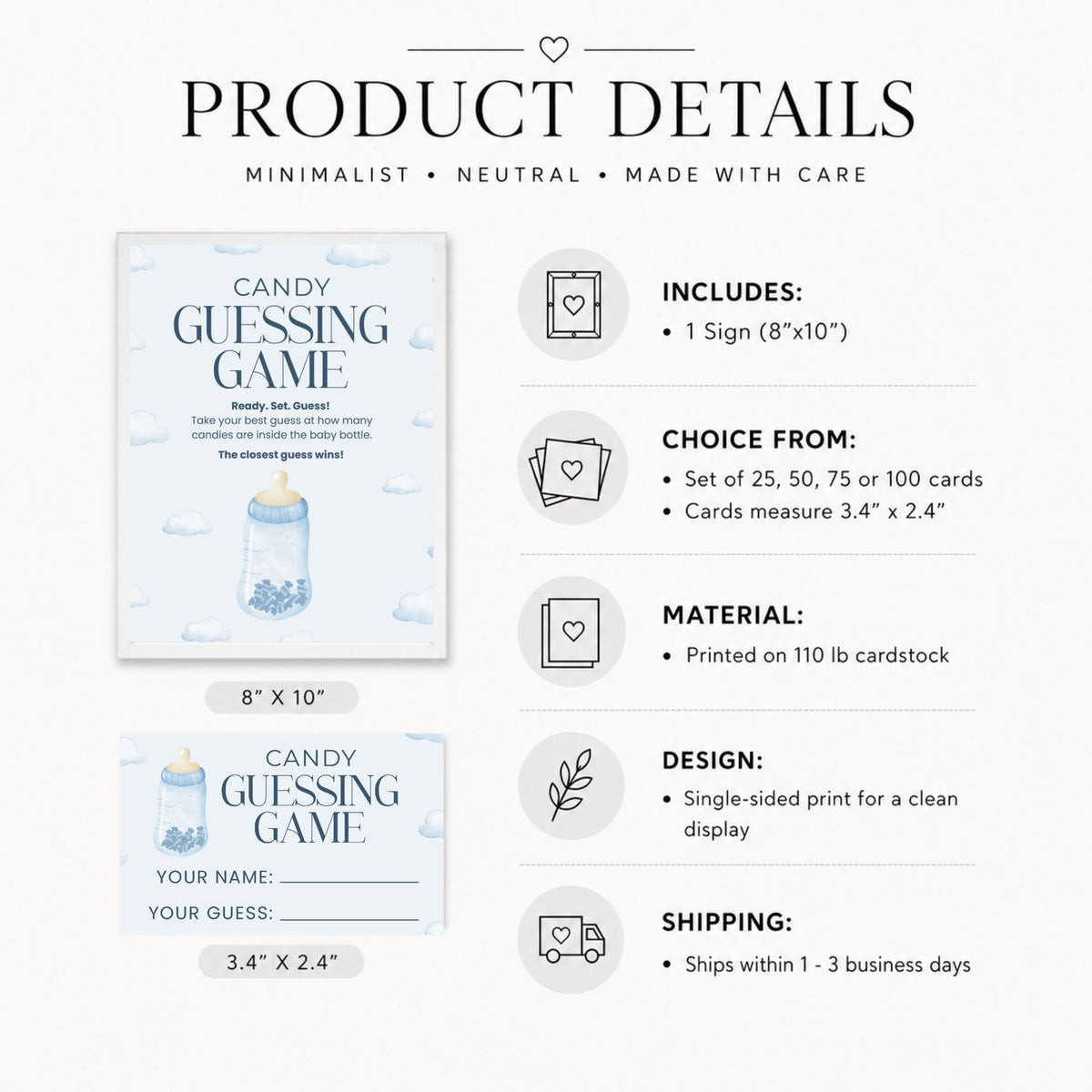 Product details graphic for a baby guessing game card set, showing the front and back of the card, dimensions, included quantity, card size, material, design, and shipping information on a light background.