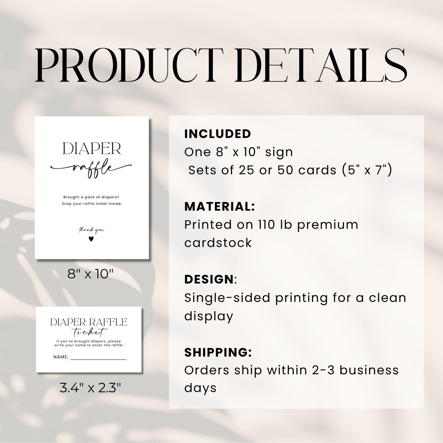Product details of a diaper raffle set including sign and cards on a light gray background.
