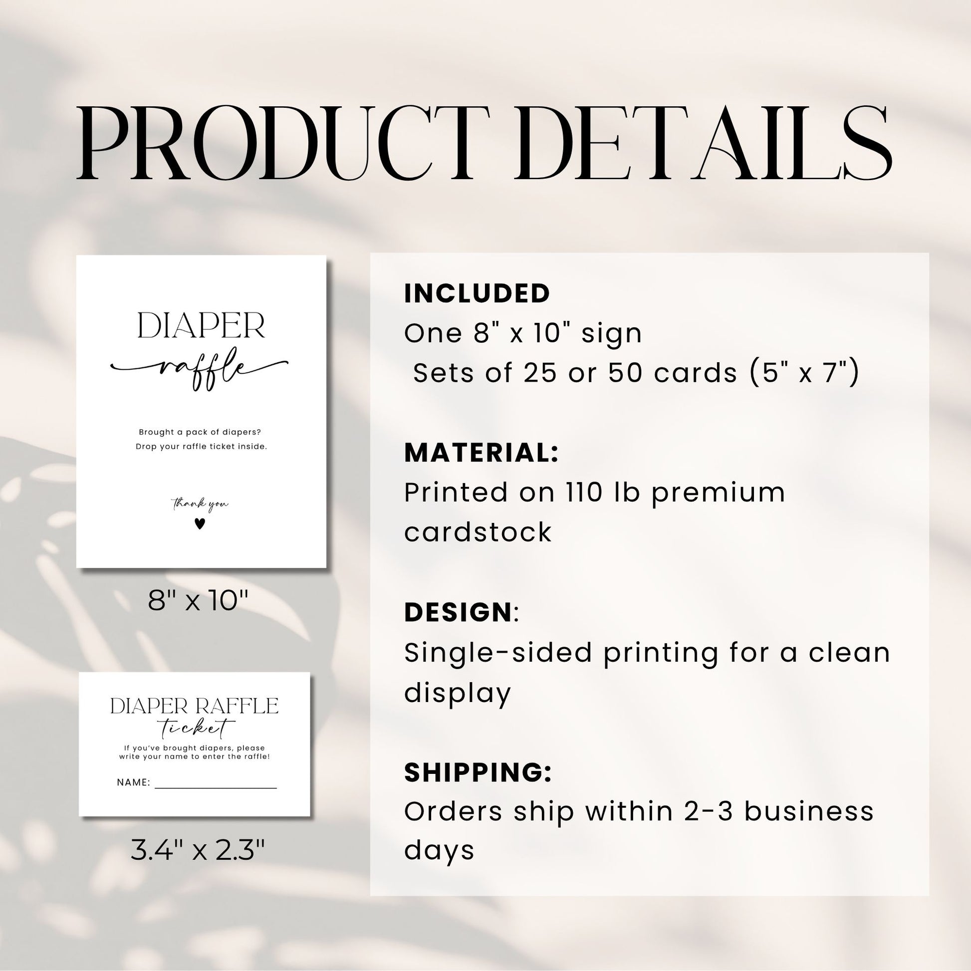 Product details of a diaper raffle set including sign and cards on a light gray background.