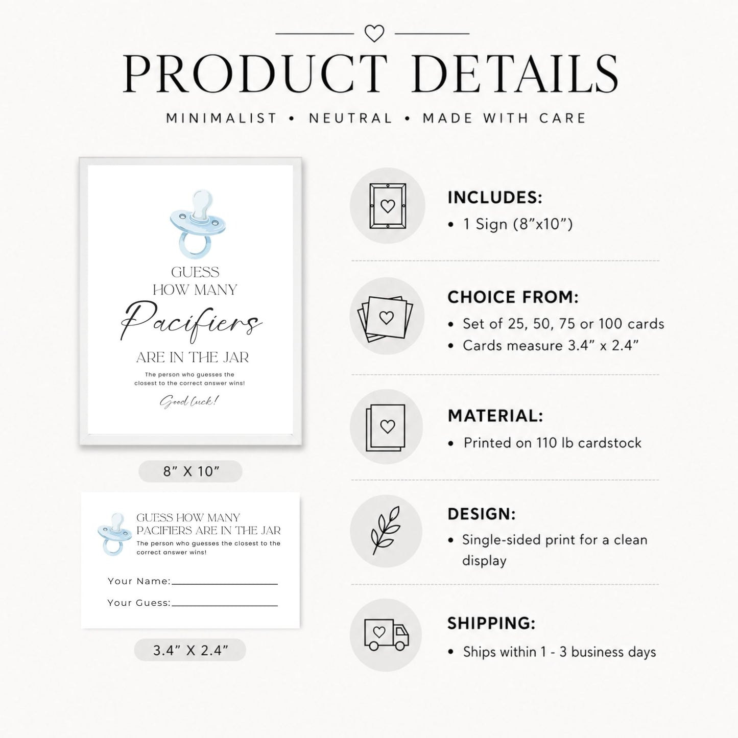 Product details graphic for a baby shower sign and card set, showing a white sign with a light blue baby and pacifier illustration, a sample card layout, and text listing included items, size options, material, design, and shipping on a light gray background.