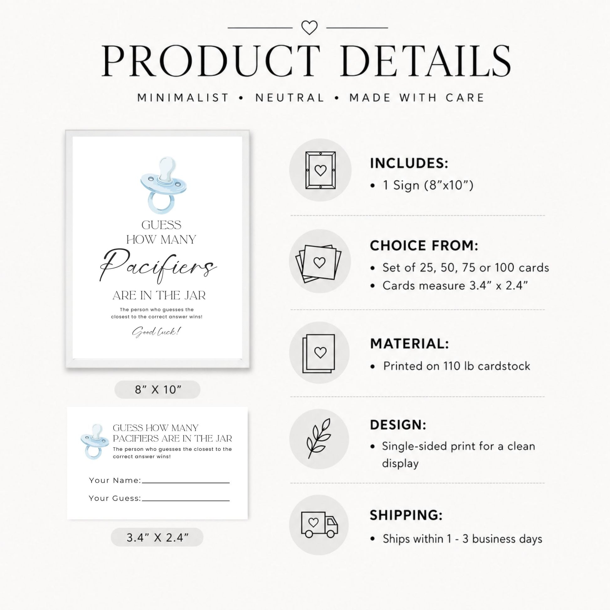 Product details graphic for a baby shower sign and card set, showing a white sign with a light blue baby and pacifier illustration, a sample card layout, and text listing included items, size options, material, design, and shipping on a light gray background.