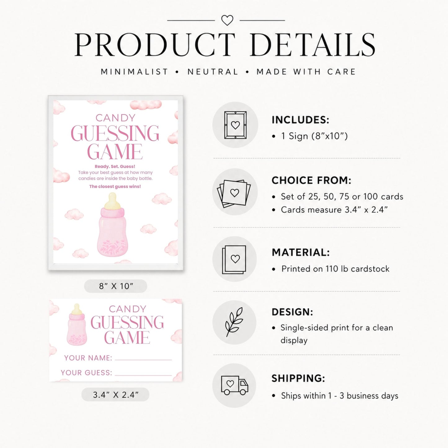Product details graphic for a baby shower guessing game card set, showing the front and back of the card, dimensions, included card counts, material, design, and shipping information on a light background.