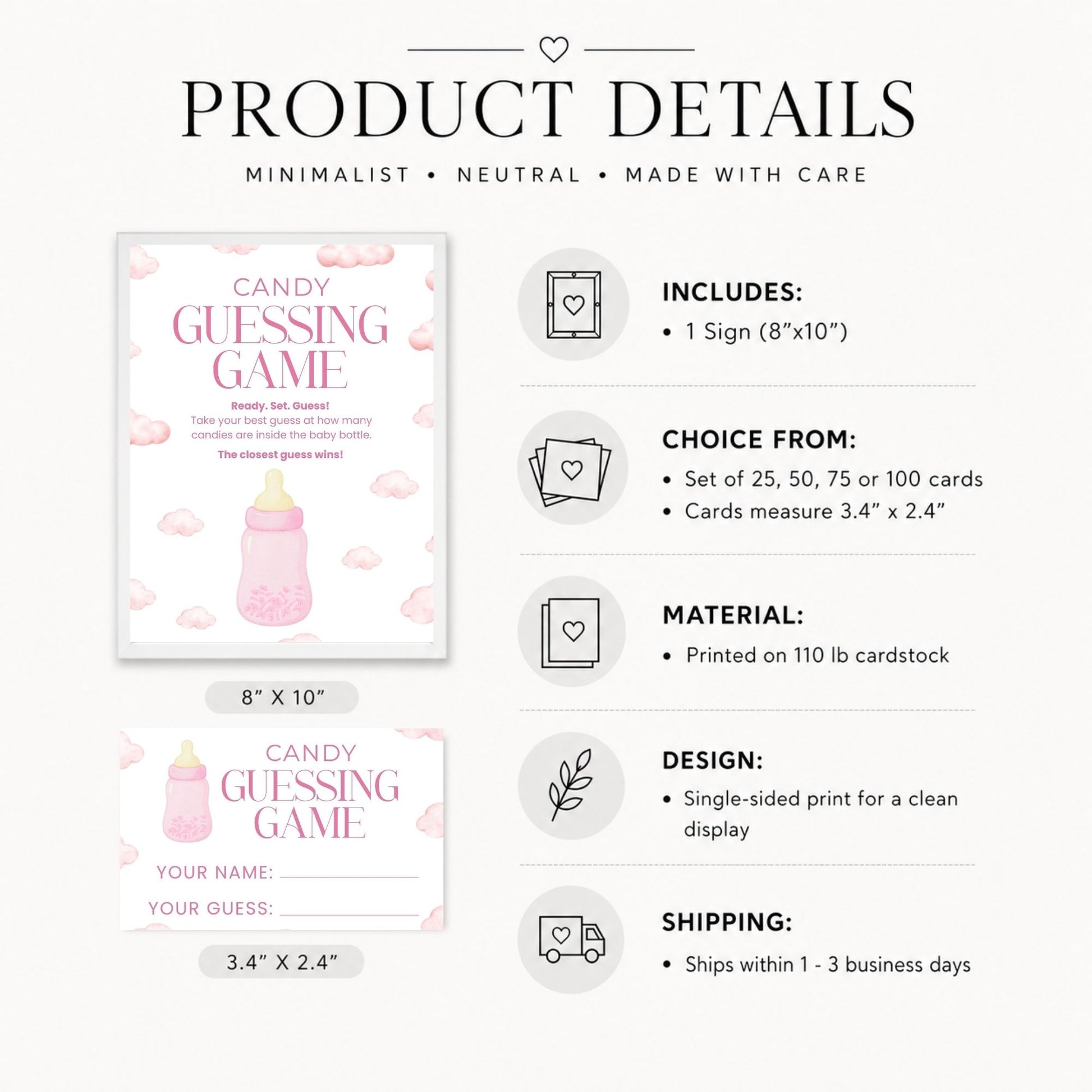 Product details graphic for a baby shower guessing game card set, showing the front and back of the card, dimensions, included card counts, material, design, and shipping information on a light background.