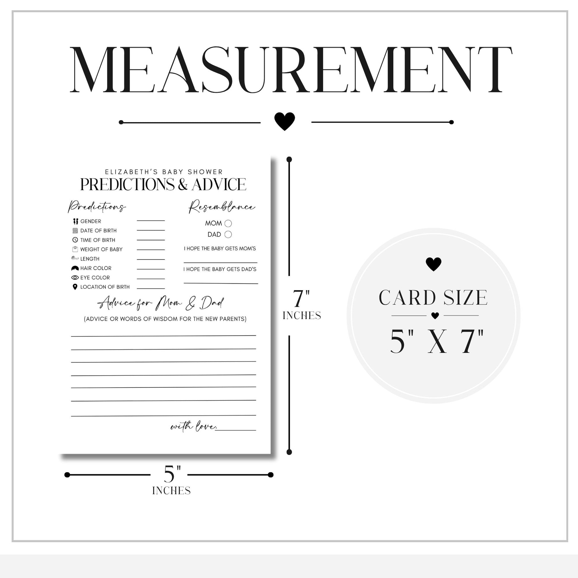 A measurement diagram for a baby shower card, showing a 5 by 7 inch card with dimensions labeled. The design is clean and minimal, with black text and heart icons on a white background.