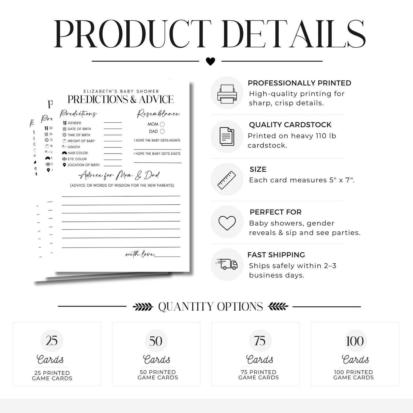 Product details infographic for a baby shower prediction and advice card set, showing the printed card design, feature callouts, and quantity options from 25 to 100 cards.