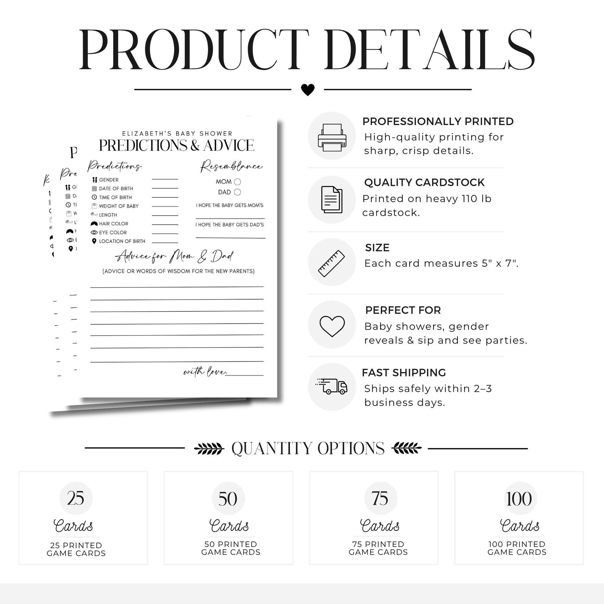 Product details infographic for a baby shower prediction and advice card set, showing the printed card design, feature callouts, and quantity options from 25 to 100 cards.