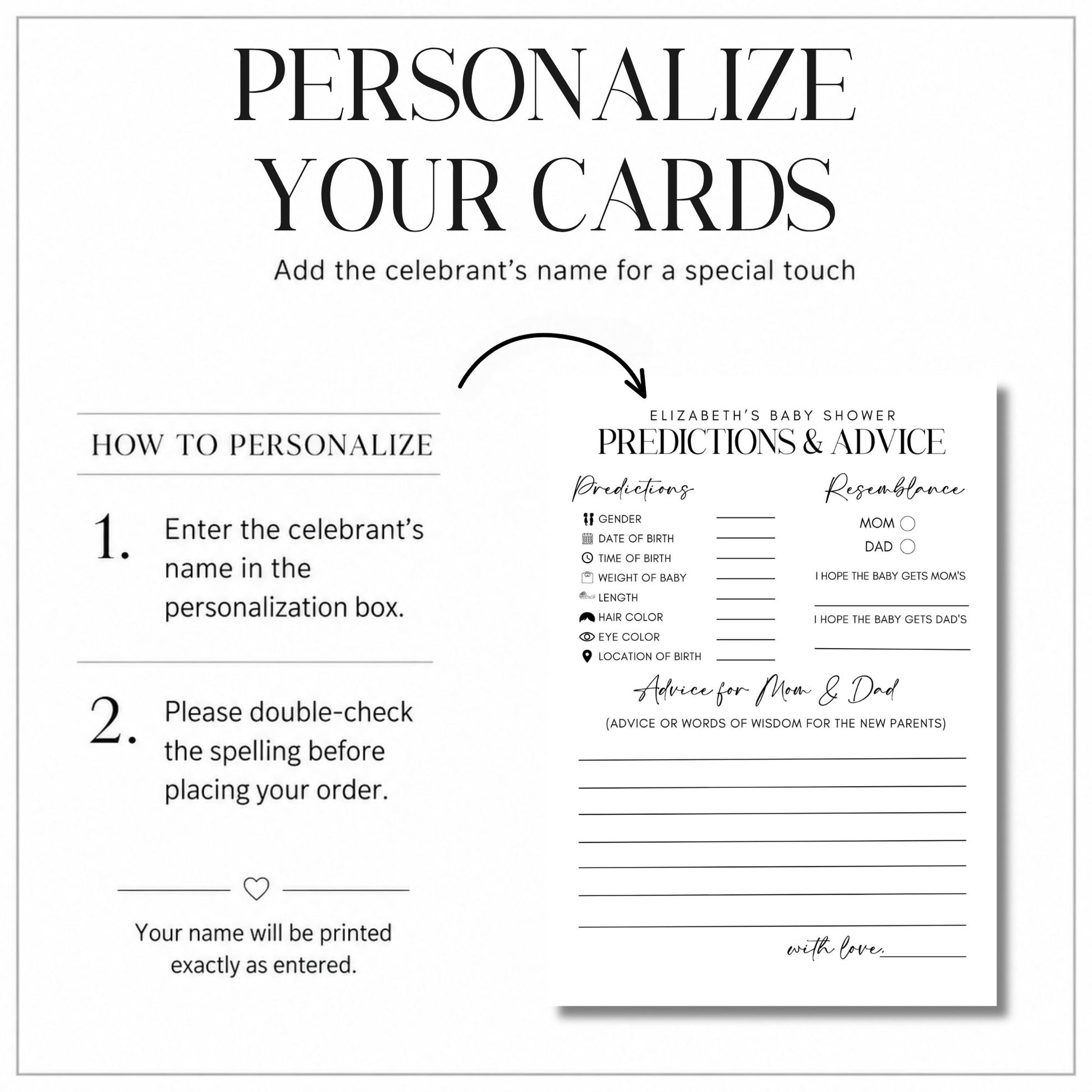 Personalization guide and sample baby shower card template. The graphic explains how to customize cards with a numbered list and shows a printed example card titled 'ELIZABETH'S BABY SHOWER PREDICTIONS & ADVICE' with sections for predictions, advice, and signatures.