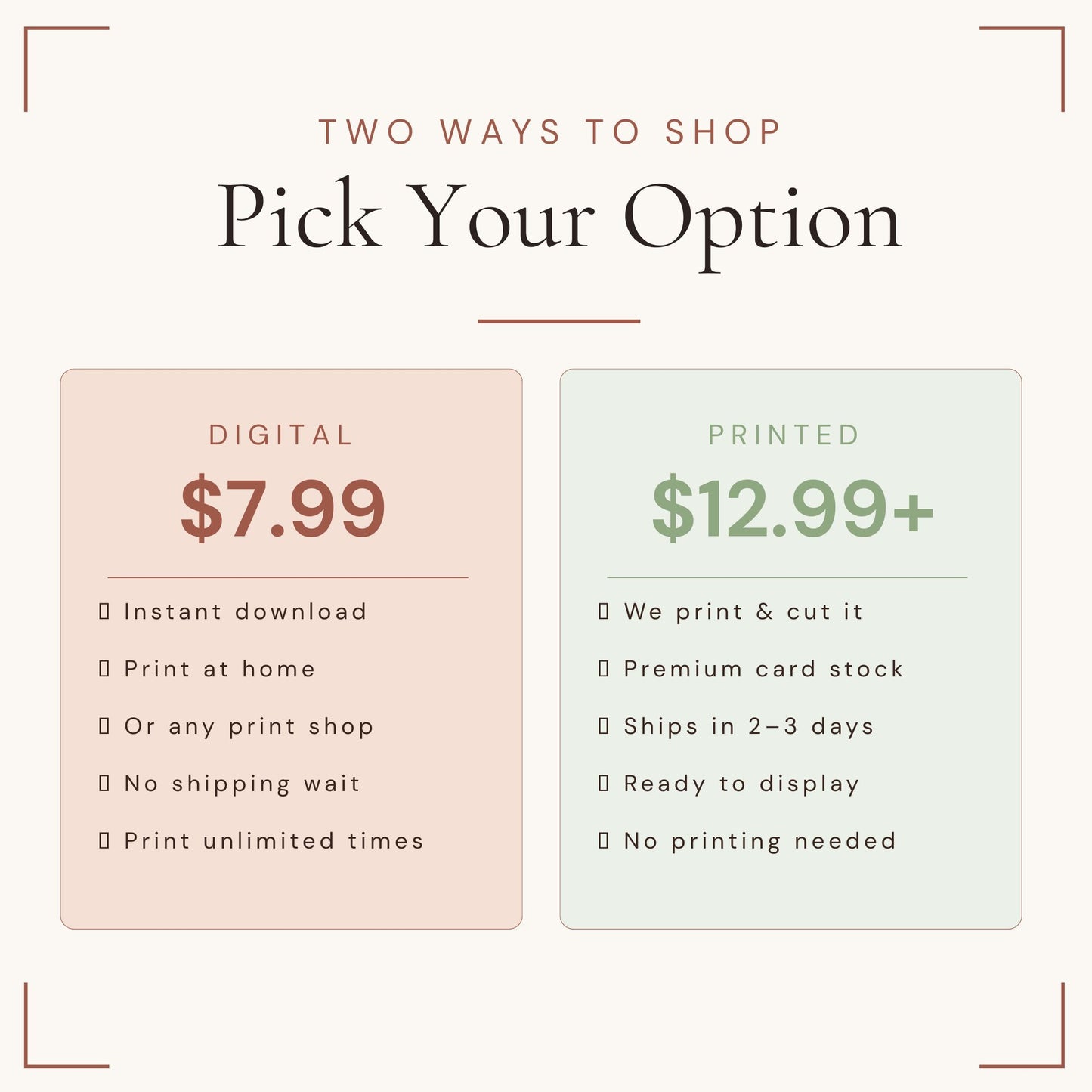 Comparison of digital and printed options with prices and features on a light pink and light green background.