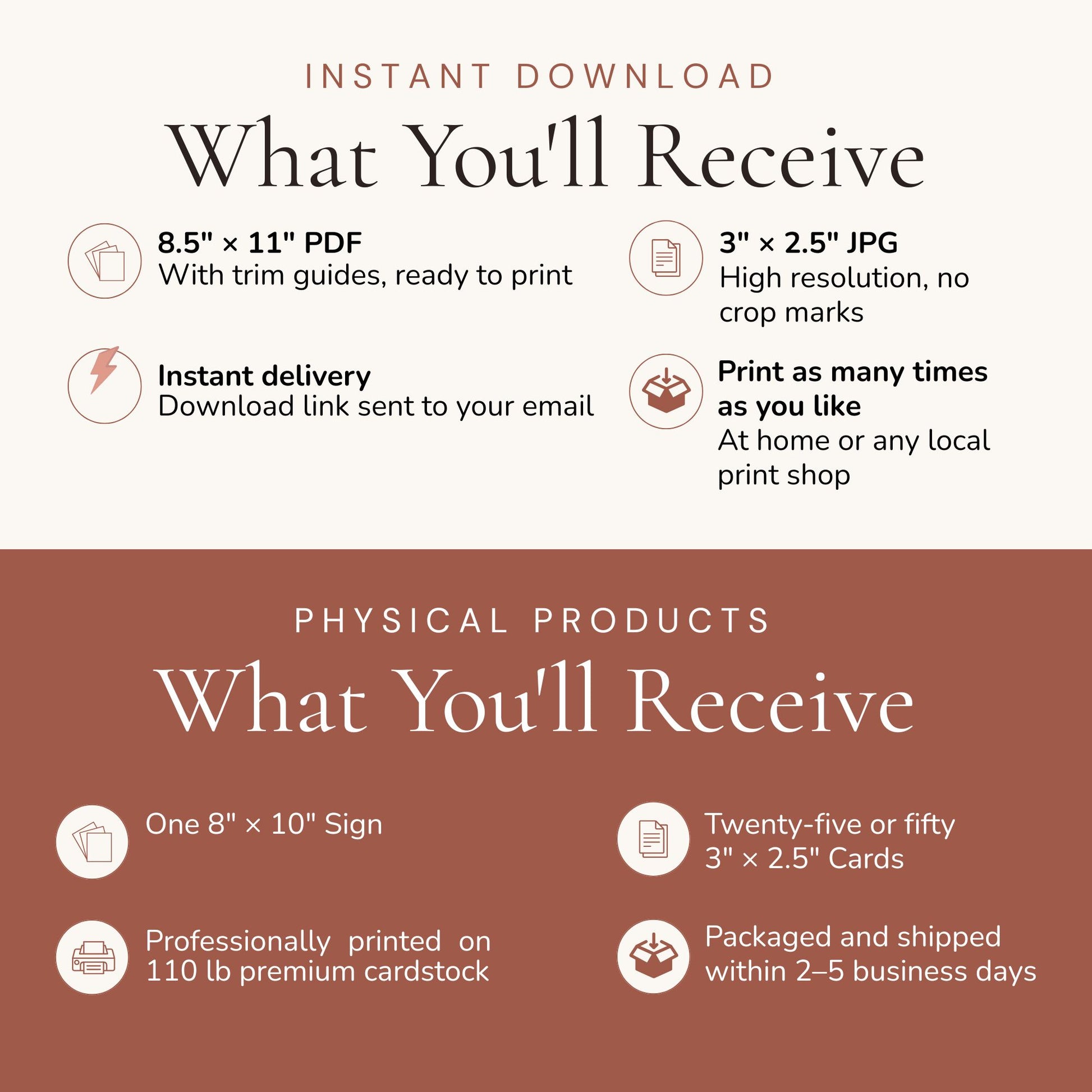 Minimalist beige and terracotta printable product information sign showing “What You’ll Receive” for instant download and physical products. Includes 8.5x11 PDF with trim guides, 3x2.5 JPG files, instant email delivery, unlimited printing, 8x10 printed sign, 25 or 50 matching cards, premium 110 lb cardstock, and shipping details.