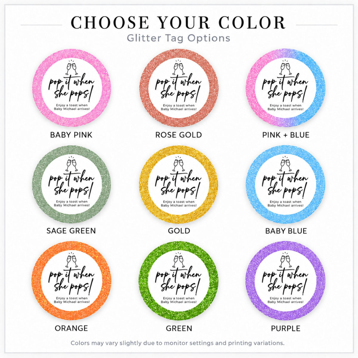 A color options chart for glitter tags with the heading 'CHOOSE YOUR COLOR' and 'Glitter Tag Options.' Nine circular tag designs are shown in a 3x3 grid: Baby Pink, Rose Gold, Pink + Blue, Sage Green, Gold, Baby Blue, Orange, Green, and Purple.
