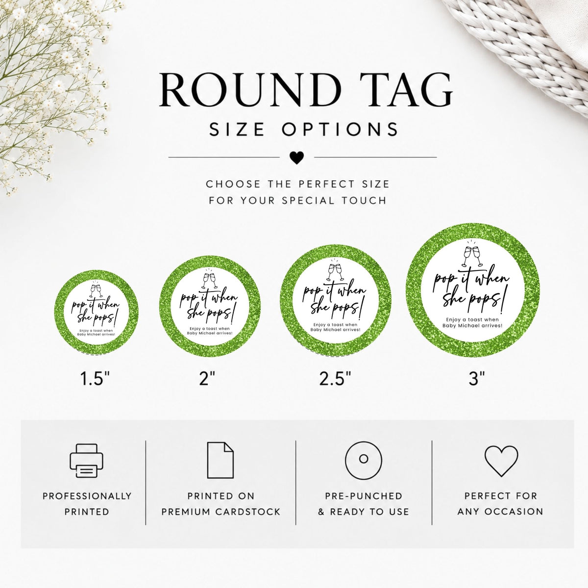 Round tag size options chart showing four circular cardstock tags labeled 1.5", 2", 2.