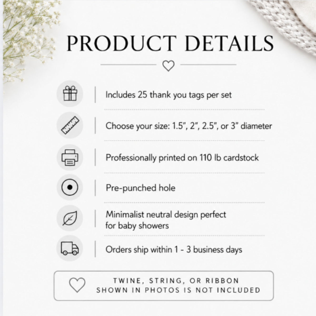 Product details infographic for a baby shower favor set, showing text and icons about included thank you tags, size options, cardstock weight, pre-punched holes, and shipping information on a white background.