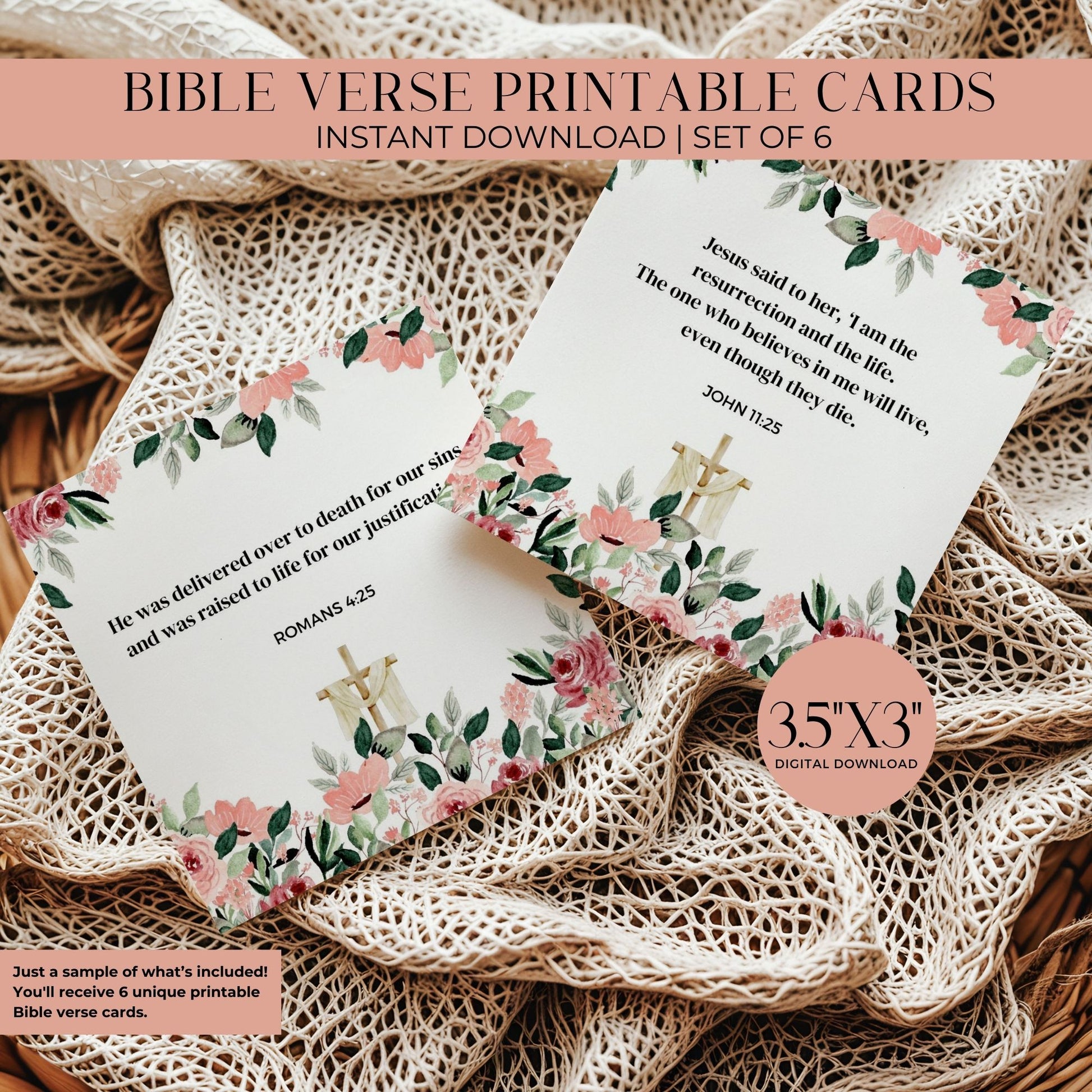 Floral Bible Verse Cards 3.5x3 | Scripture Cards Digital Download | Easter Christian Wall Art | 8.5x11 PDF JPG | Faith Gift Printables