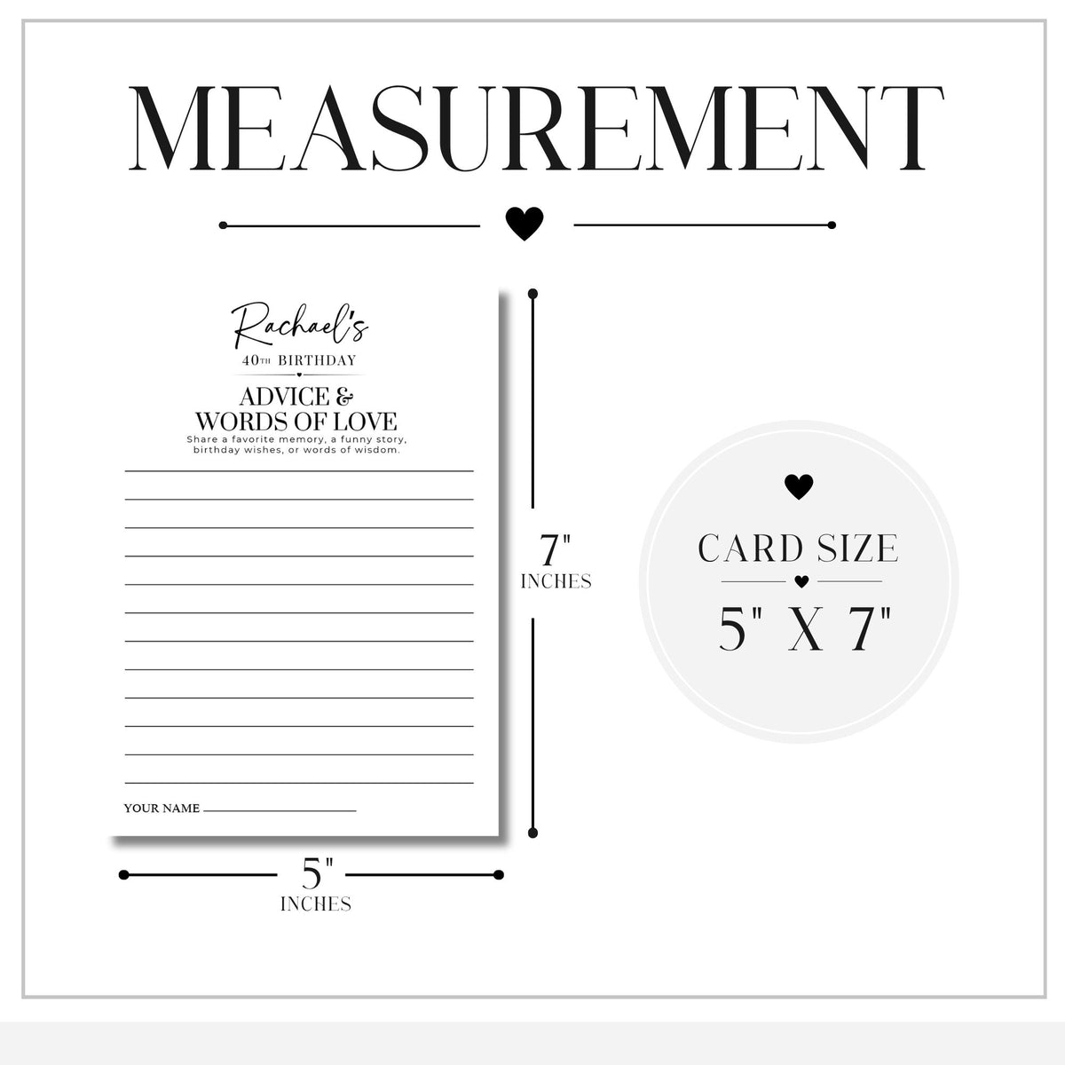 A measurement diagram showing a personalized card size and dimensions. The graphic includes the word 'MEASUREMENT' at the top, a sample card labeled 'Rachel's 50th Birthday Advice & Words of Love' with dimensions of 5 by 7 inches, and a circular label indicating 'CARD SIZE 5" X 7"'.