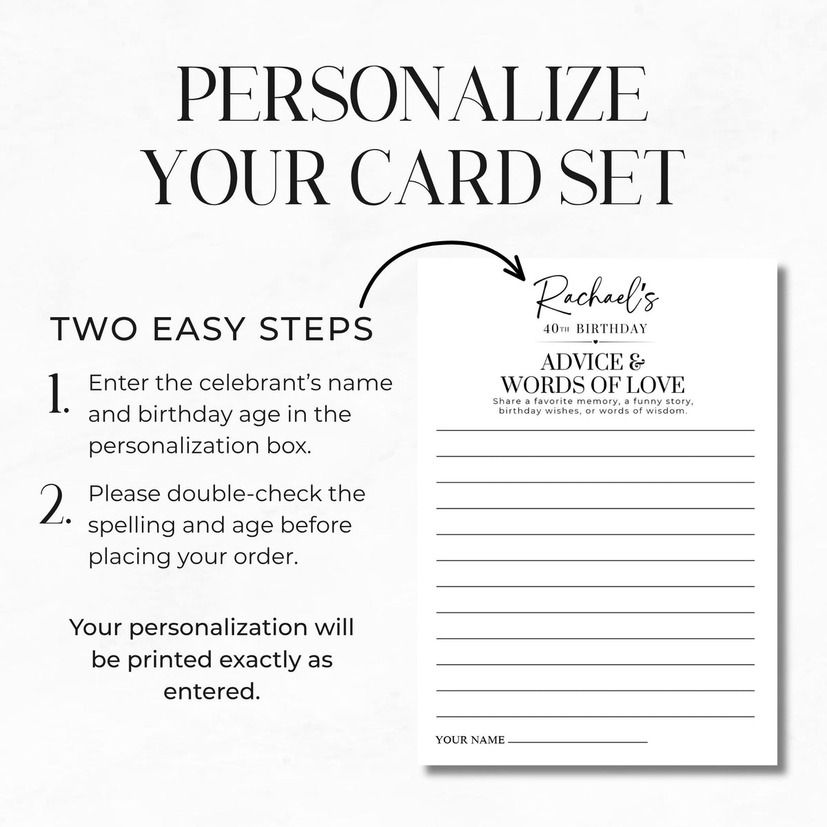 Personalization graphic for a card set showing text instructions and a sample birthday card design on a light background.