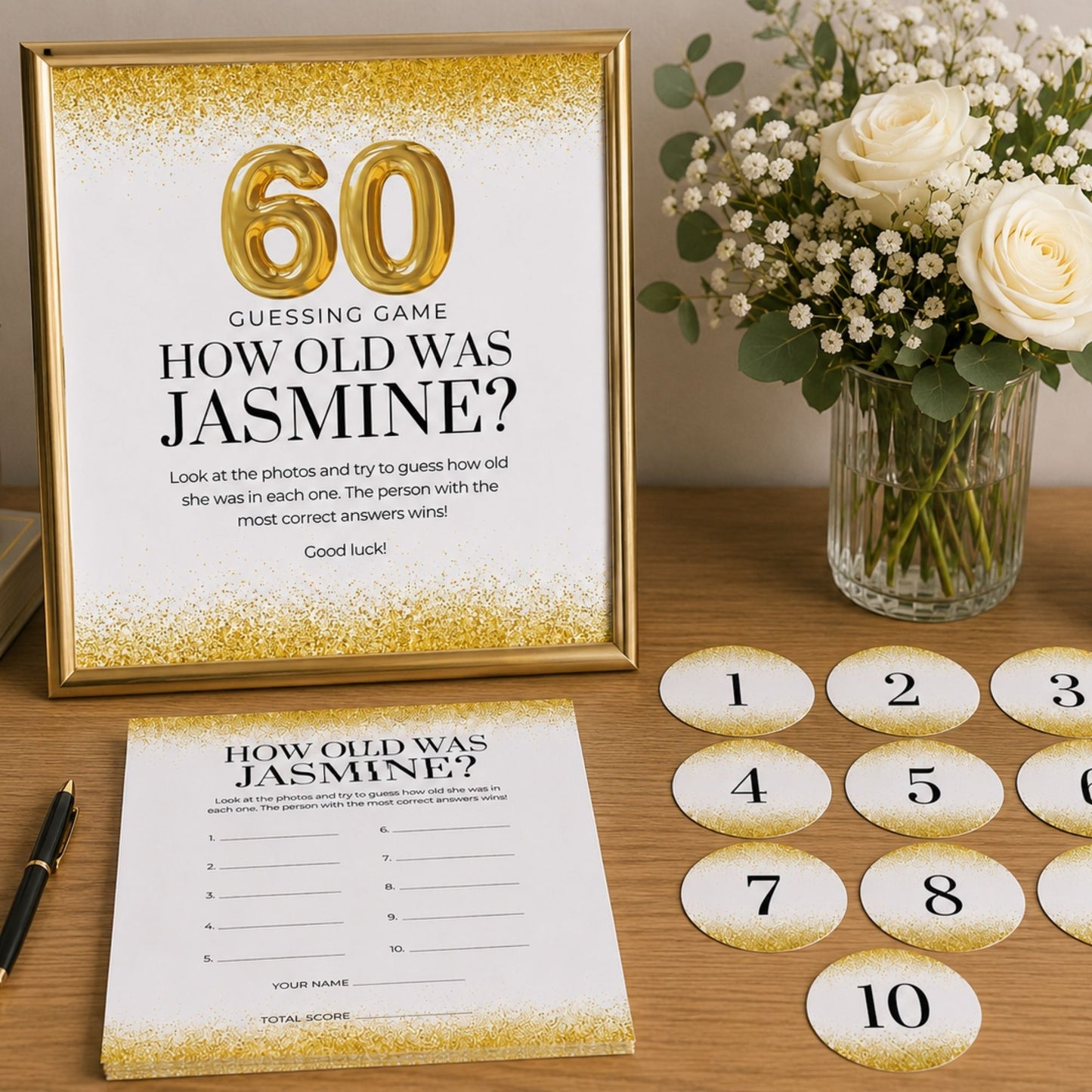 60th birthday guessing game with photo cards and numbers on a wooden table.