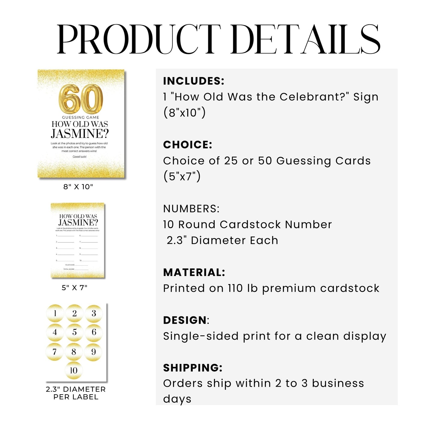 Product details of a birthday party kit including signs and guessing cards.