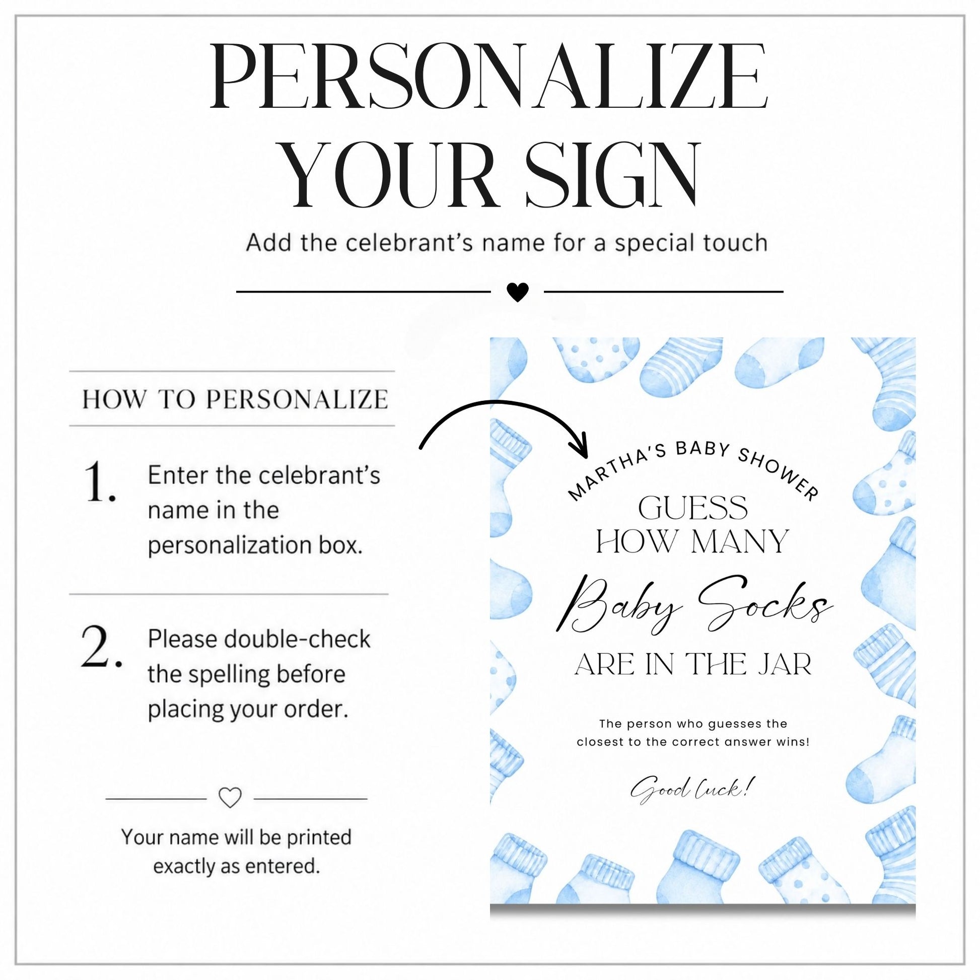 Personalization guide for a baby shower sign featuring a sample card with blue baby sock patterns and text that reads 'GUESS HOW MANY Baby Socks ARE IN THE JAR' with a customizable name box and ordering instructions.