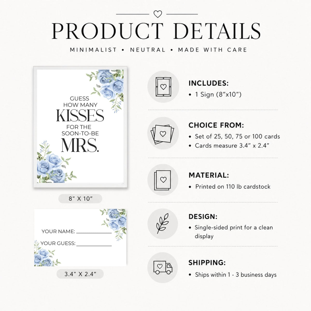 Product details infographic for a floral 'Guess How Many Kisses the Soon-to-Be Mrs.' card set, showing the front and back designs alongside text about size, quantity, material, design, and shipping on a light background.
