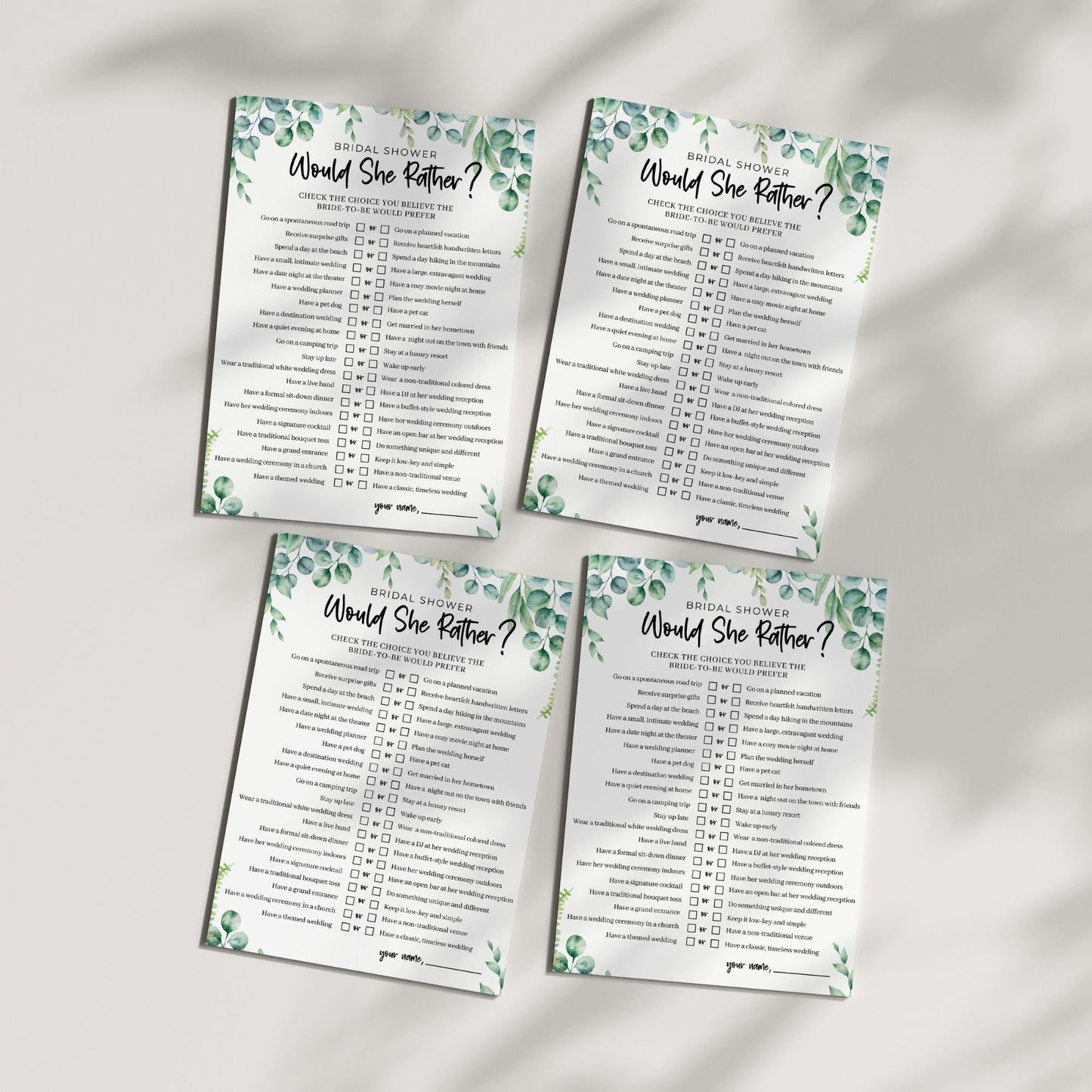 Would She Rather Bridal Shower Game, Greenery Theme, Fun Printable Wedding Shower Activity, Instant Download, Interactive Bridal Party Game