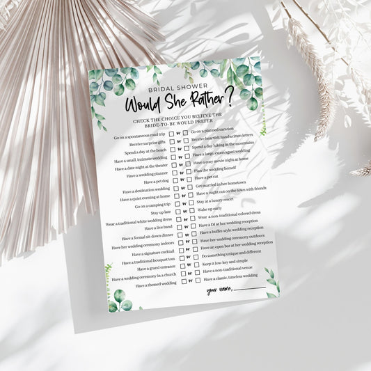 Would She Rather Bridal Shower Game, Greenery Theme, Fun Printable Wedding Shower Activity, Instant Download, Interactive Bridal Party Game