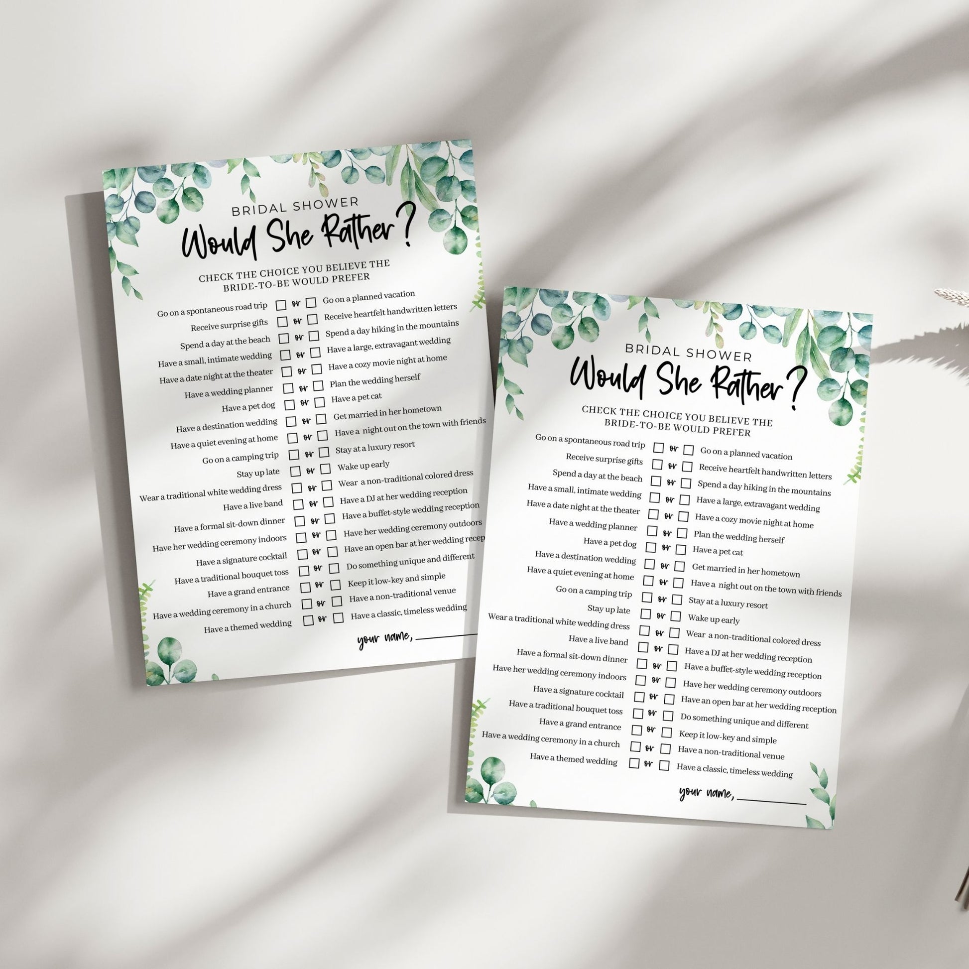 Would She Rather Bridal Shower Game, Greenery Theme, Fun Printable Wedding Shower Activity, Instant Download, Interactive Bridal Party Game