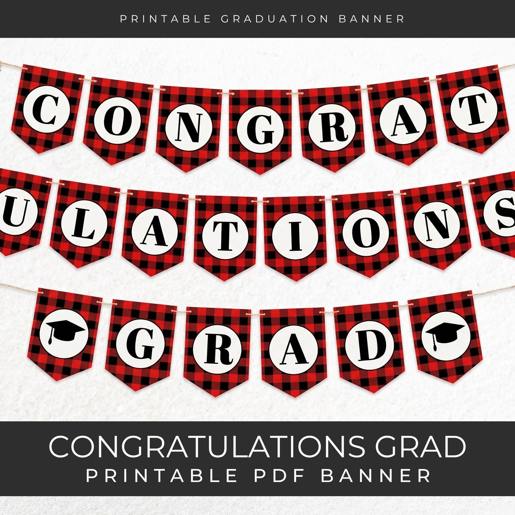 Red and black plaid graduation banner with 'Congratulations Grad' text on a white background