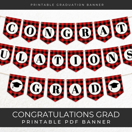 Red and black plaid graduation banner with 'Congratulations Grad' text on a white background
