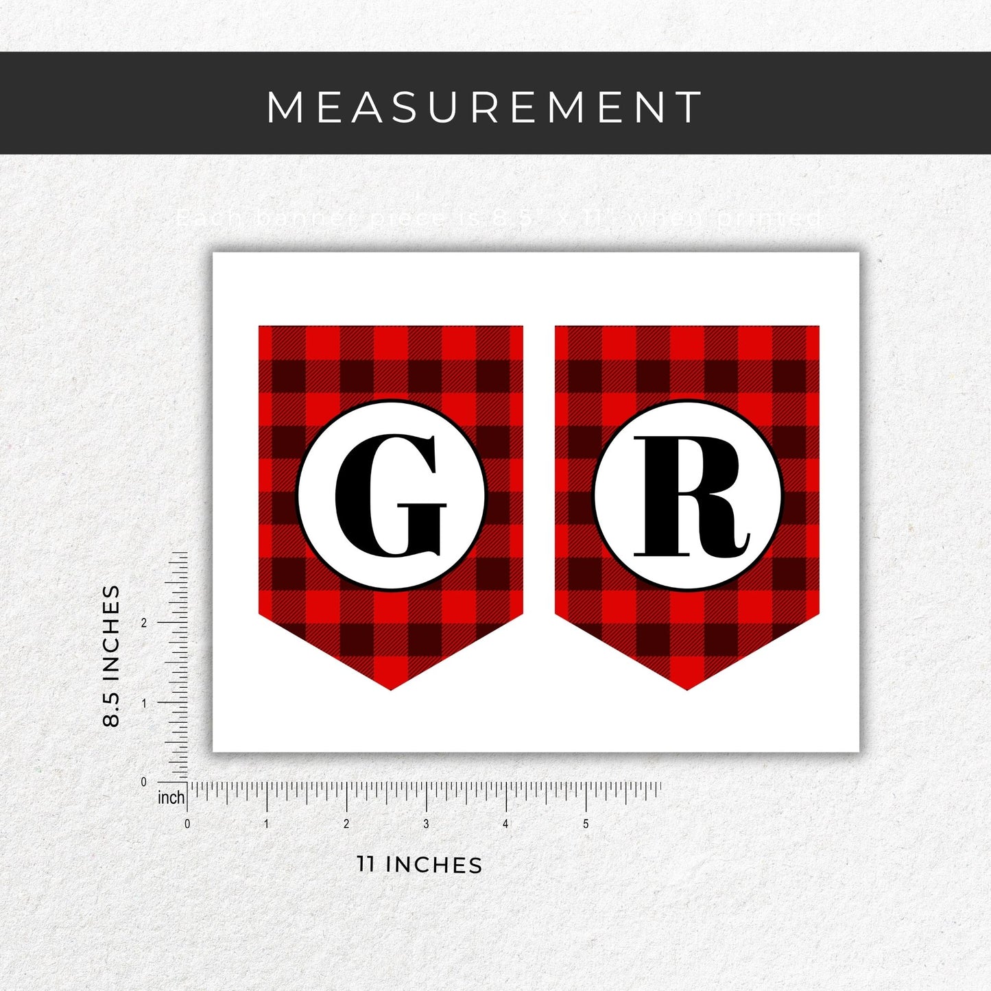 Two red plaid banners with letters 'G' and 'R' on a white background with measurement details.
