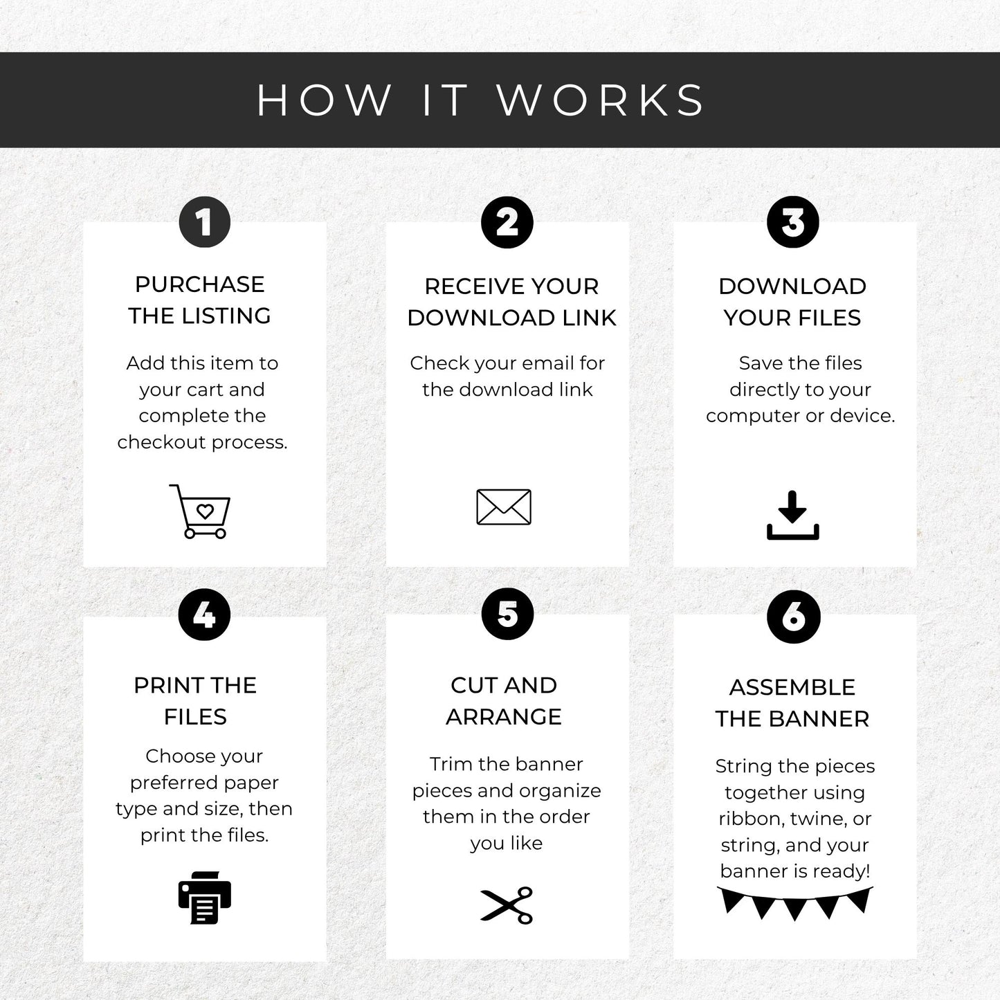 Step-by-step guide on how to assemble a banner with icons and text.
