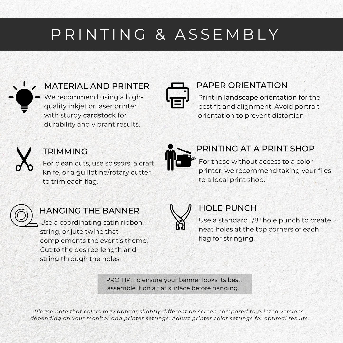 Instructions for printing and assembling flags with icons and text on a gray background
