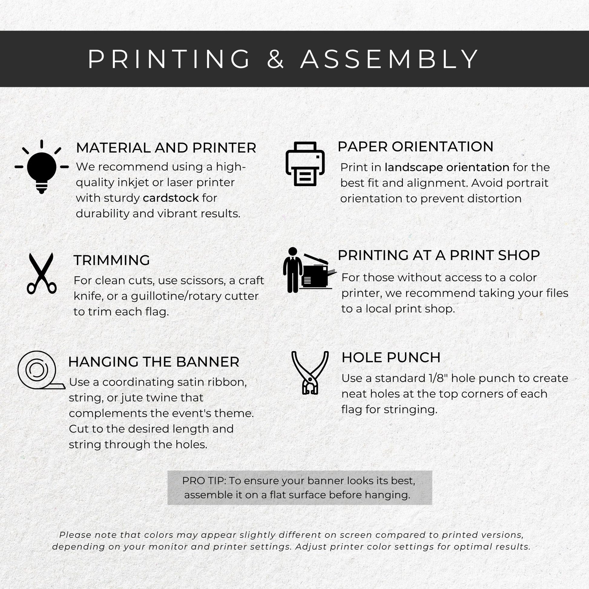 Instructions for printing and assembling flags with icons and text on a gray background