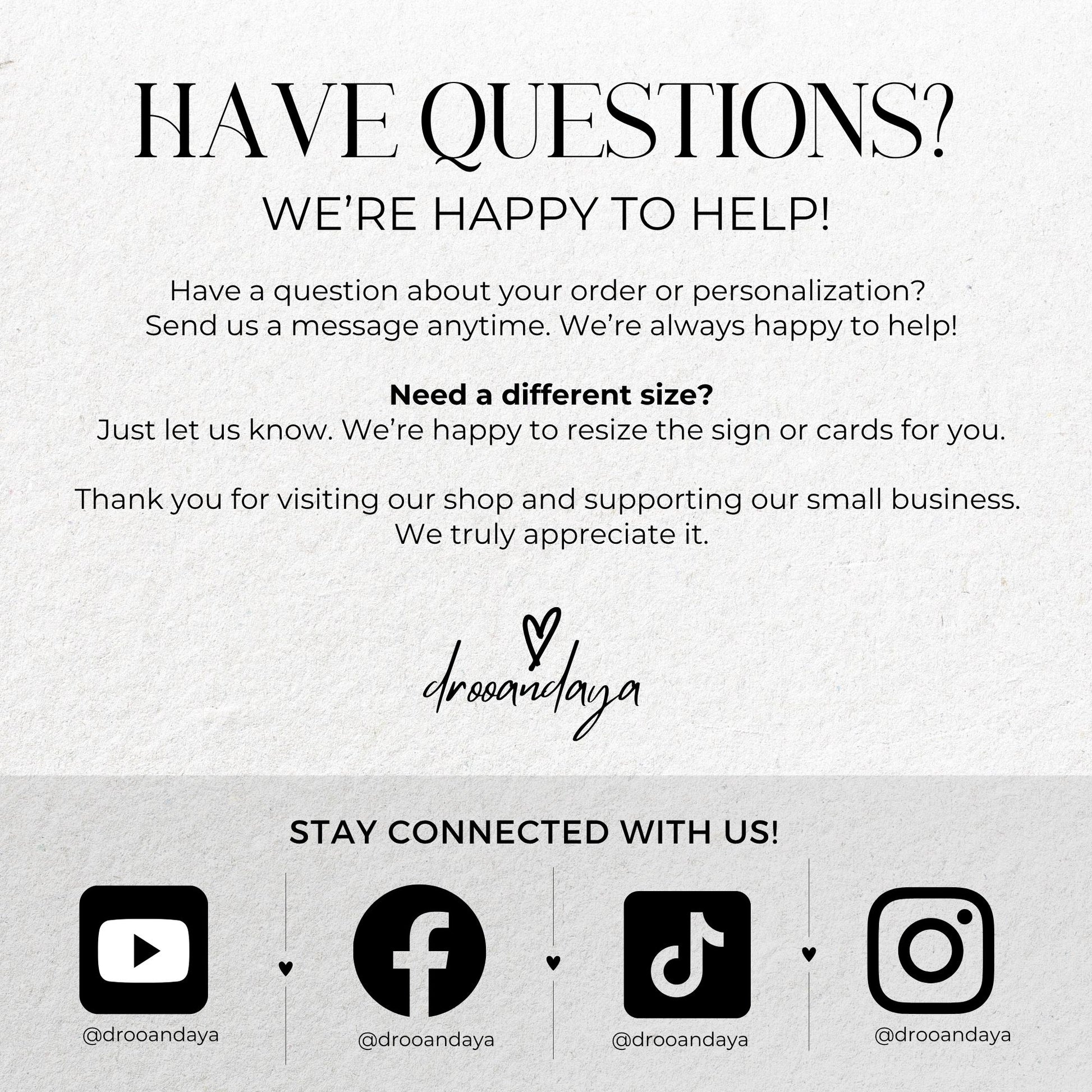 Customer service message with contact information and social media icons on a white background