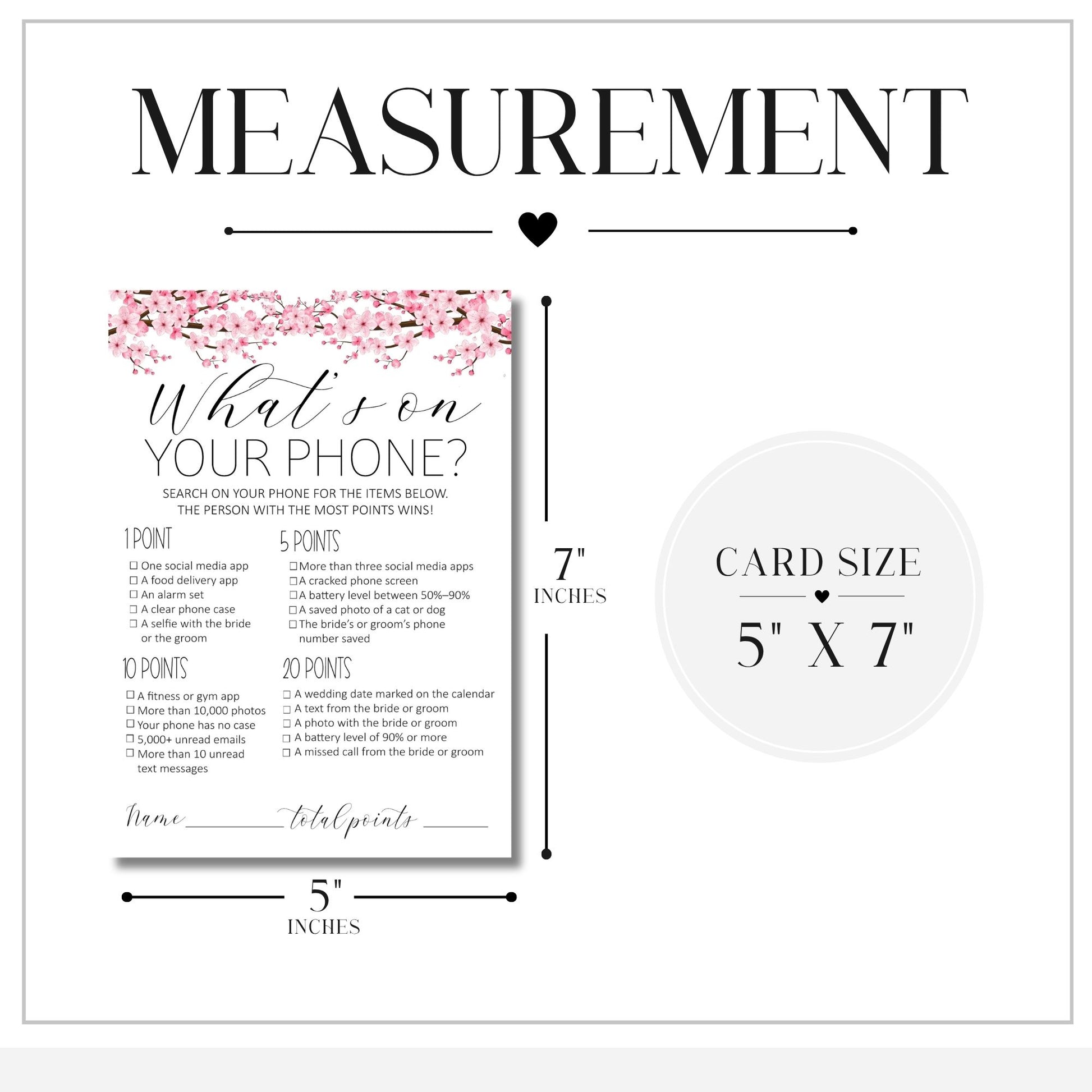 A measurement diagram for a phone-themed wedding game card, showing the card size as 5 x 7 inches and the full board dimensions as 7 x 5 inches. The card features pink cherry blossom illustrations at the top and text reading 'Whatson YOUR PHONE?'.