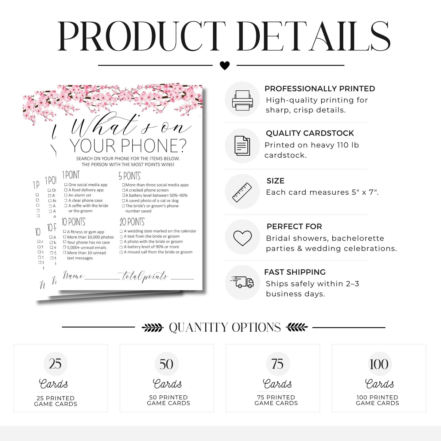 Product details graphic for a floral 'What is on your phone?' game card set, showing the printed card design, feature callouts, and quantity options for 25, 50, 75, and 100 cards on a white background.