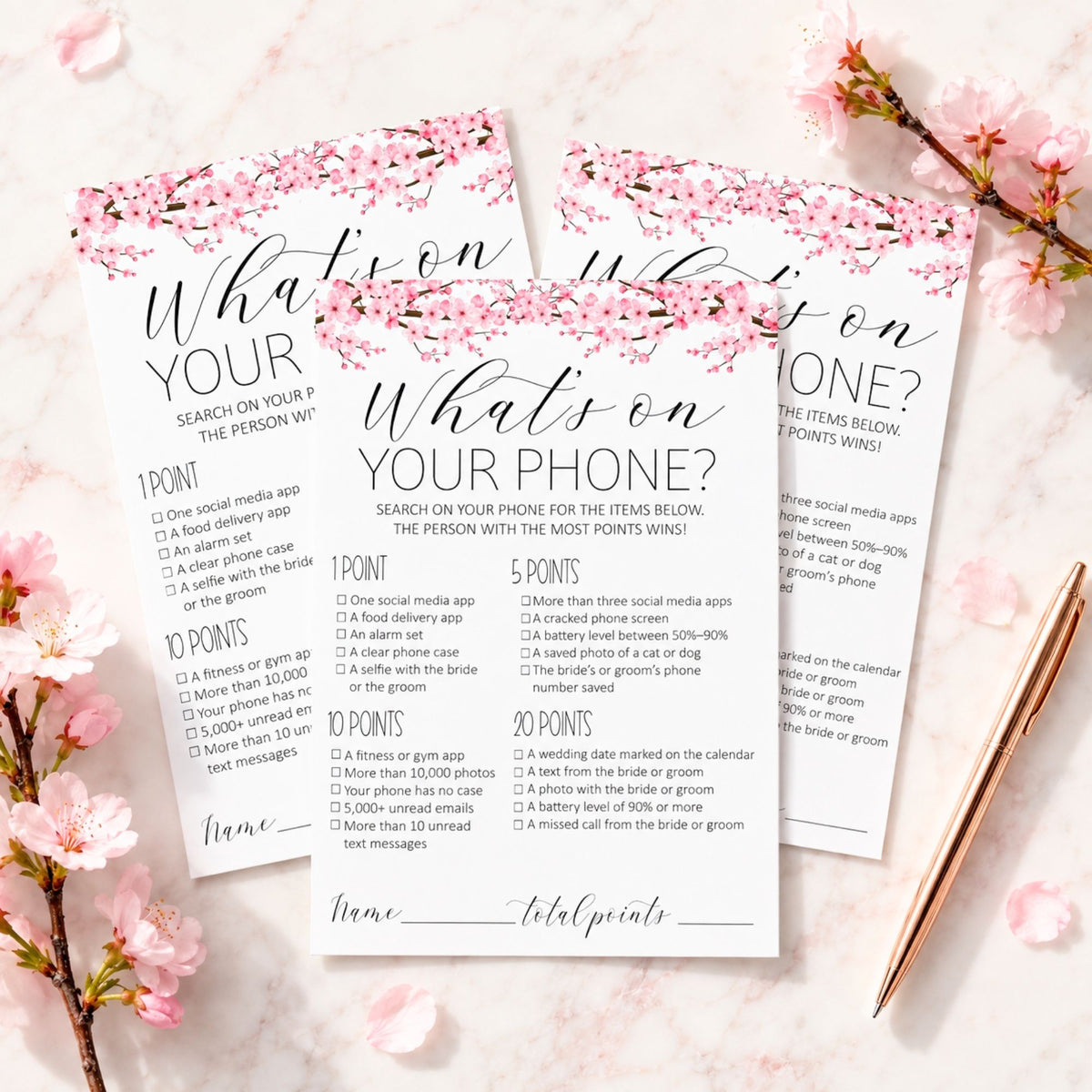 Two pink cherry blossom themed phone survey cards with black text, styled on a white background with pink cherry blossoms and a gold pen.