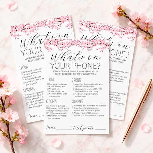 Two pink cherry blossom themed phone survey cards with black text, styled on a white background with pink cherry blossoms and a gold pen.