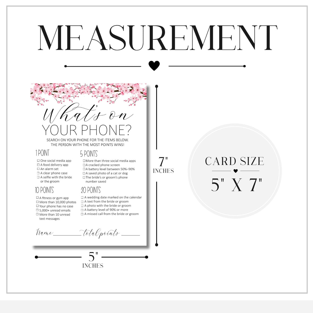 A measurement graphic for a phone-themed card, showing the card dimensions as 5 x 7 inches with pink floral decoration at the top. The image includes text labels for height and width and a large heading reading 'MEASUREMENT'.