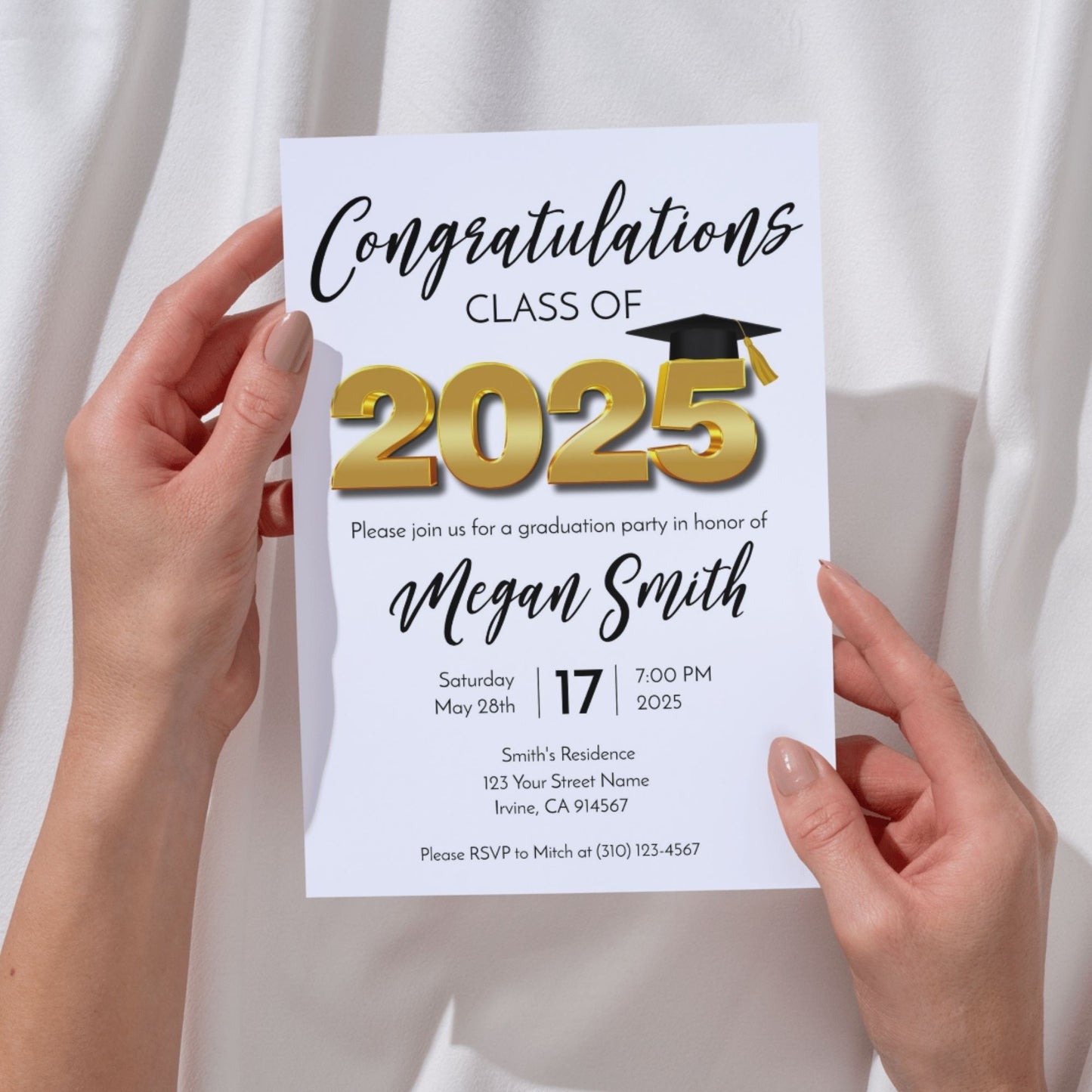 Graduation Invitation Template Class of 2025 White and Gold Editable Corjl Design 5x7 Graduation Party Invite Instant Download Printable